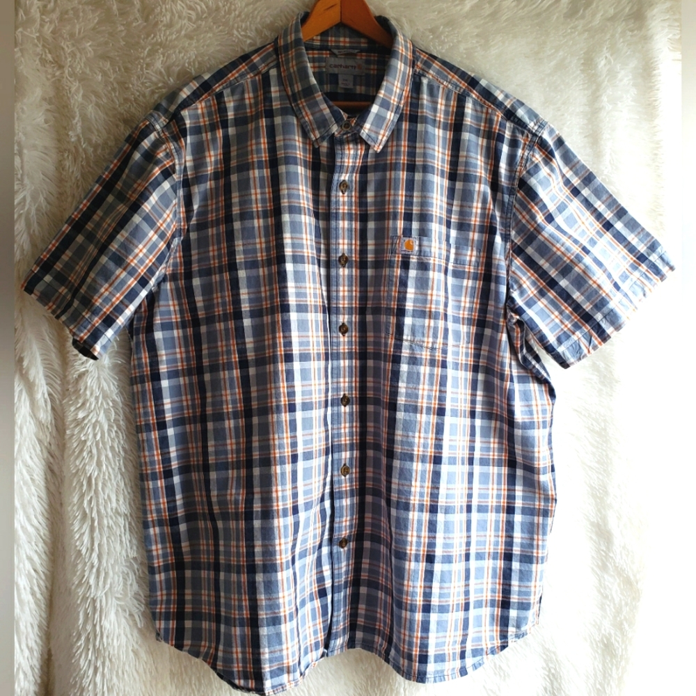 Carhartt Men's 2XL Blue White Orange Button Down Relaxed Fit Short Sleeve Shirt